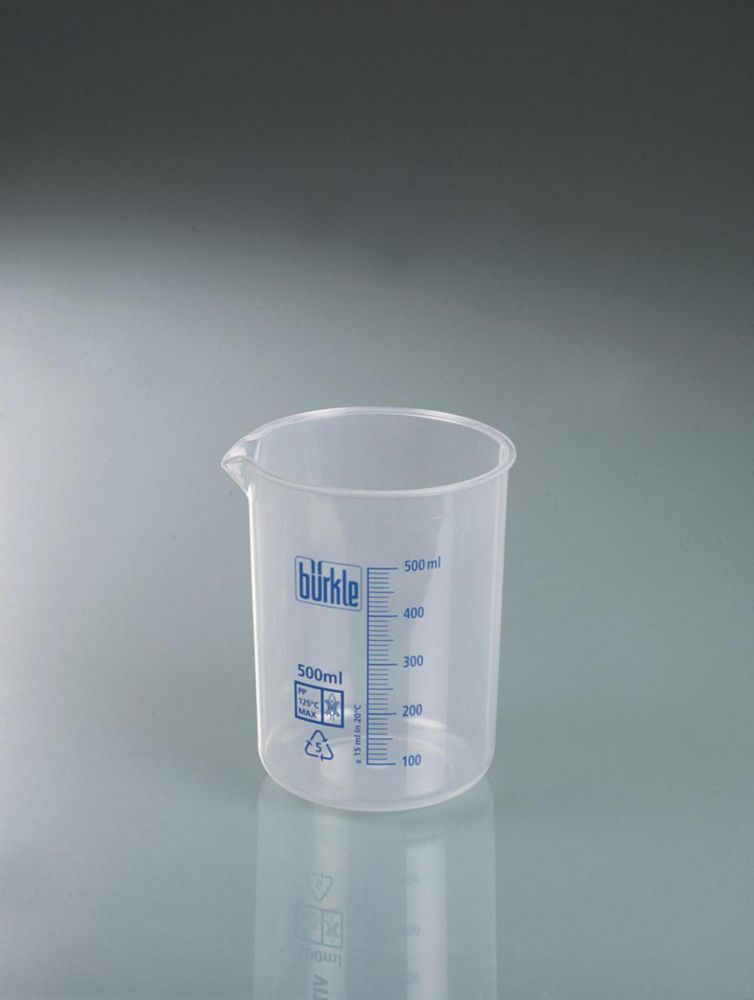 Griffinbecher 500 ml, PP graduiert, erhabene blau gepräte Skala, hochtransparent