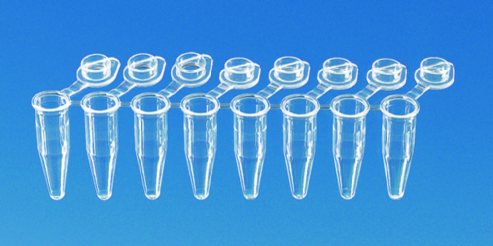 PCR tubes strips, PP, with attached single caps, 1 ridge
