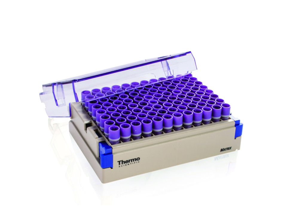Storage tubes Matrix™ with 2D barcode, sterile, with coloured screw cap, barcoded rack