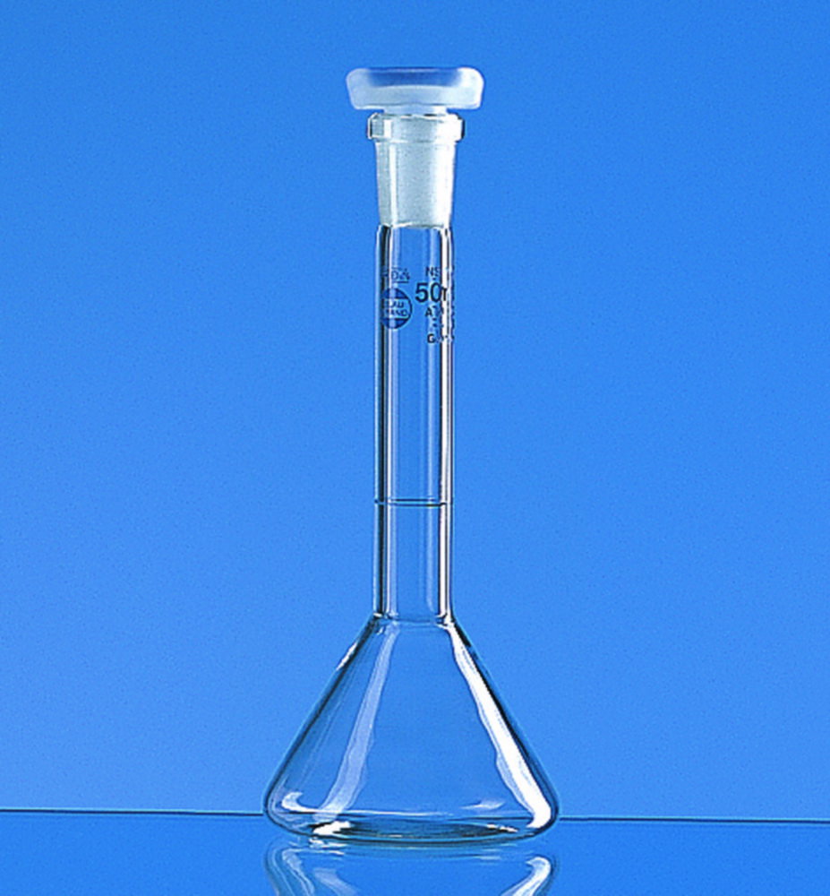 Volumetric trapezoidal flasks, boro 3.3, class A, blue graduations