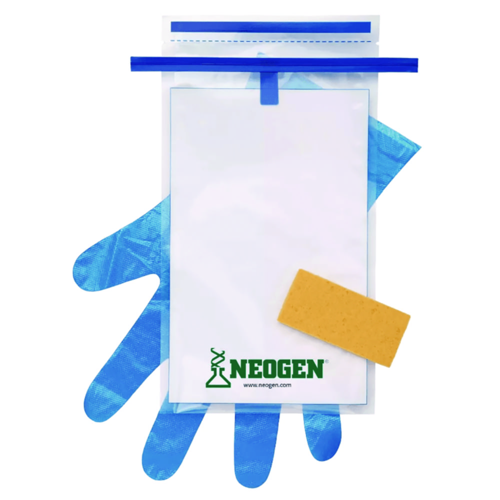 Probenbeutel mit hydratisiertem Schwamm, mit Letheen-Bouillon und 2 Handschuhen
