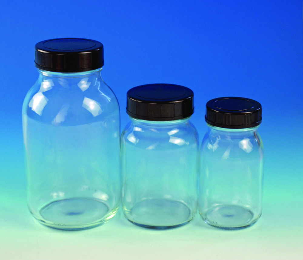 Wide neck bottles, clear glass, with screw cap, plastic