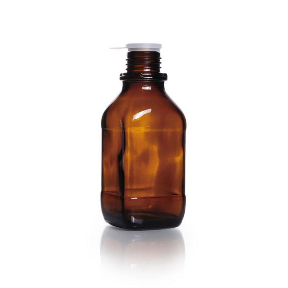 Narrow-mouth square bottles, soda-lime glass, amber glass