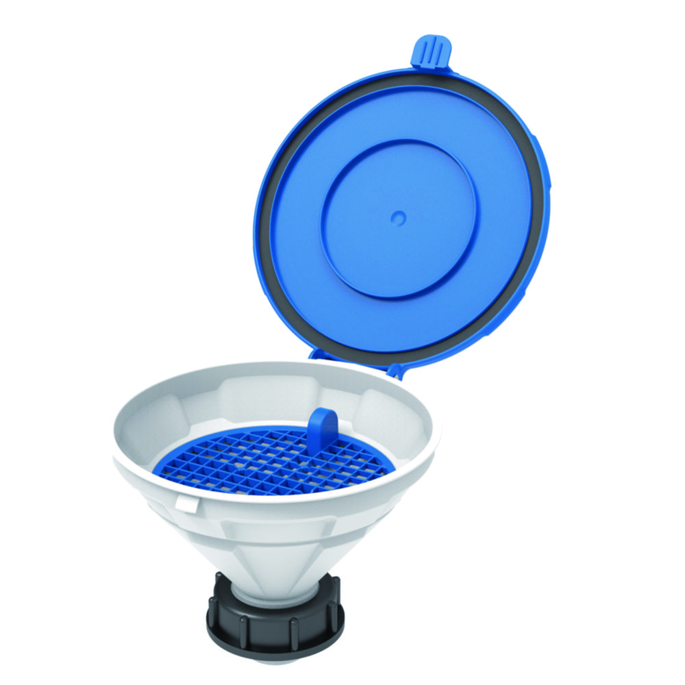 Safety funnels with hinged lid, V2.0, white/blue, HDPE