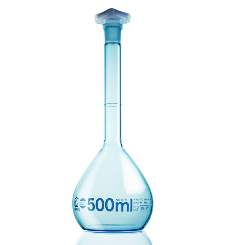 Volumetric flasks, boro 3.3, class A, PUR coated, blue graduations