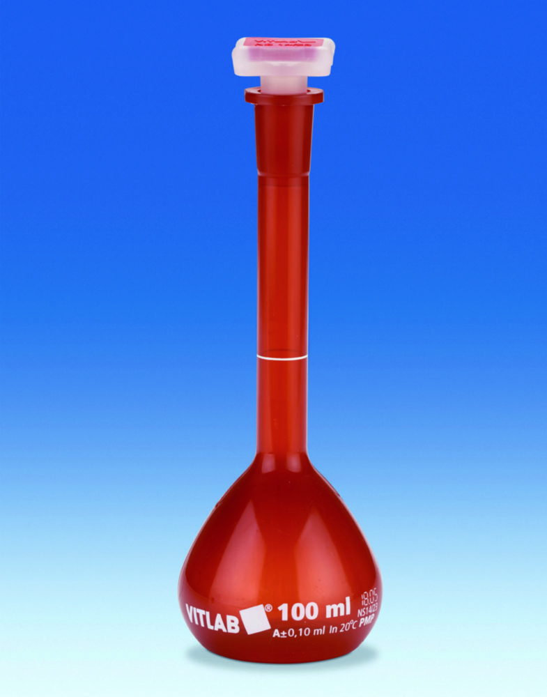 Volumetric flasks VITLAB® UV-protect, PMP, Class A with NS stoppers, PP