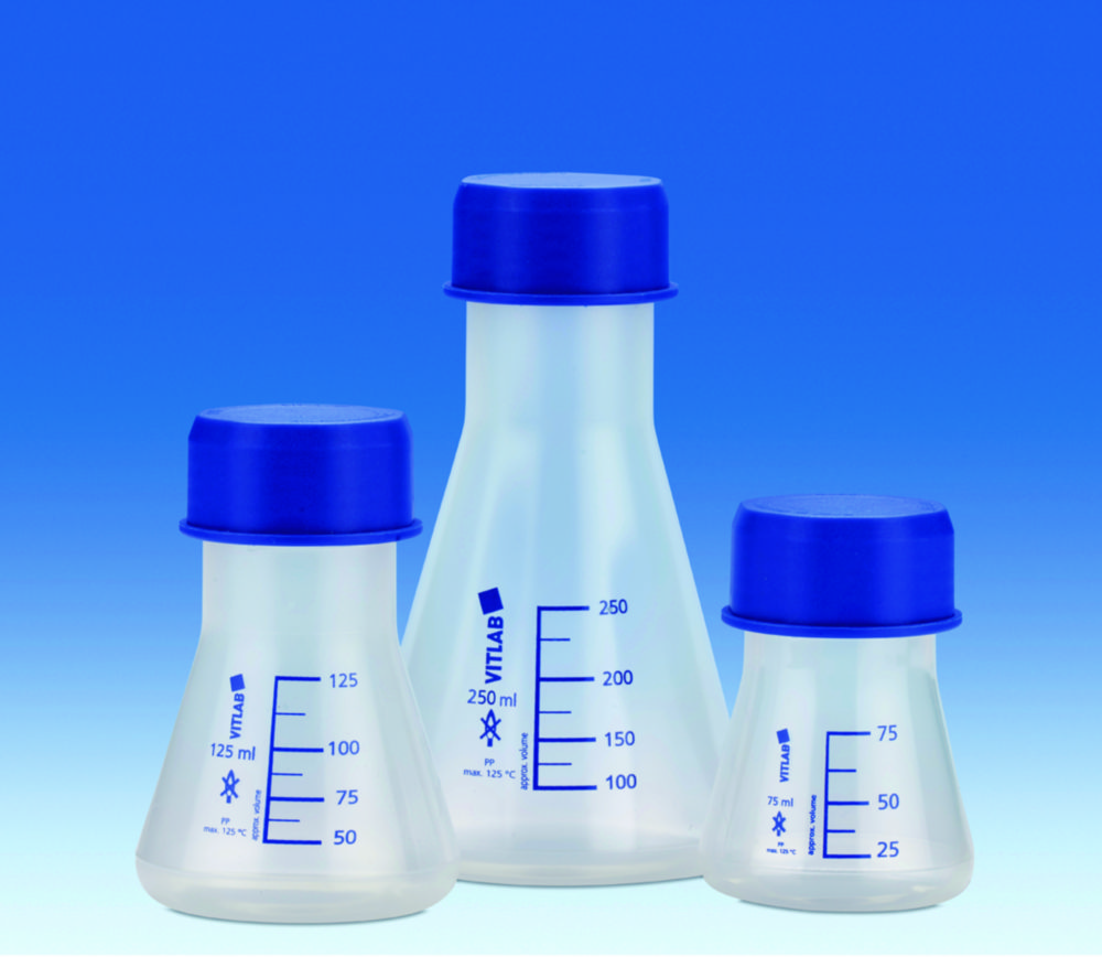 Erlenmeyer flasks, wide mouth, GL 45, PP, with blue screw neck