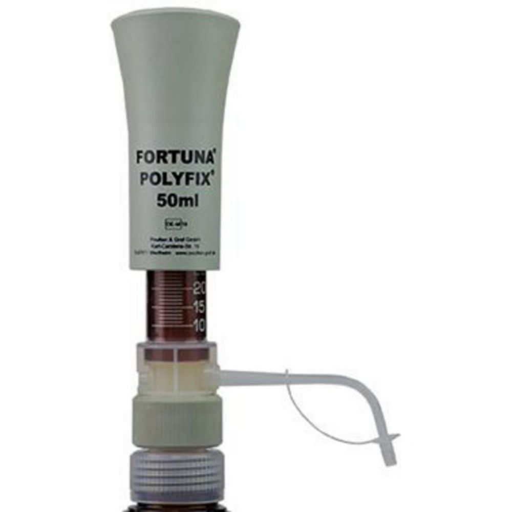 Flaschenaufsatz-Dispenser POLYFIX®, mit Braunglaszylinder und Glaskolben
