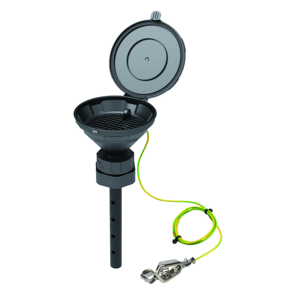Safety funnels with hinged lid, V2.0, black, HDPE, electrostatic conductive